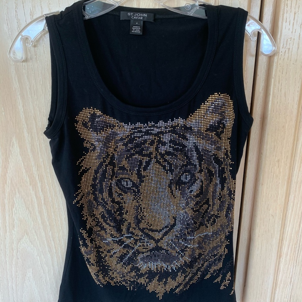 St. John black tank top, rhinestone tiger detail